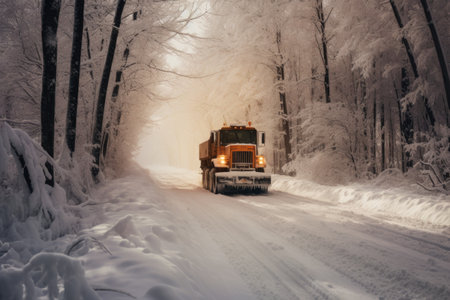 snow plow leaving a trail of cleared snow, created with generative aiの素材