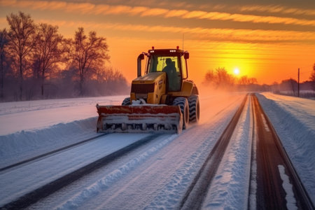 snow plow clearing a rural road at sunrise, created with generative aiの素材