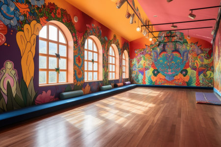 empty yoga studio with colorful tapestries on walls, created with generative aiの素材