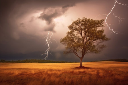 lightning striking a solitary tree in a storm, created with generative aiの素材
