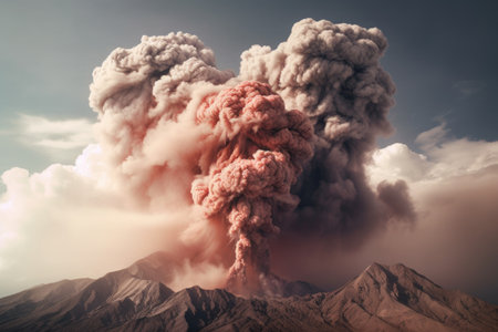 volcanic eruption with smoke and ash clouds, created with generative aiの素材