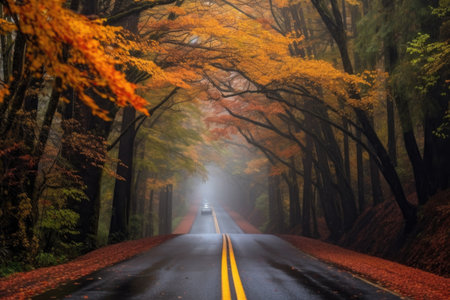 foggy morning drive through a tree tunnel in fall, created with generative aiの素材
