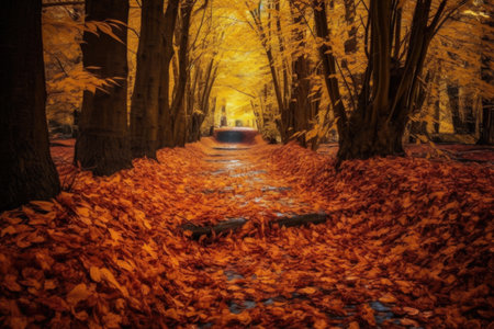 fallen leaves covering a forest path in autumn, created with generative aiの素材