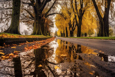 reflection of autumn trees in a roadside puddle, created with generative aiの素材