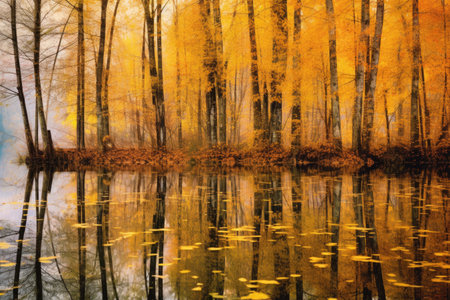 reflection of autumn trees on a still lake seen from a roadside stop, created with generative aiの素材