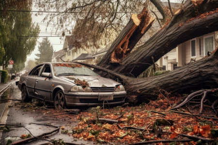 crushed car under a fallen tree on a suburban street, created with generative aiの素材
