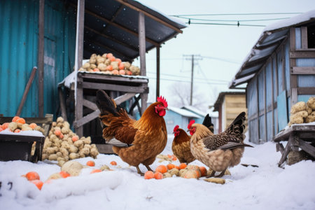 chickens pecking at feed on snowy ground, created with generative aiの素材