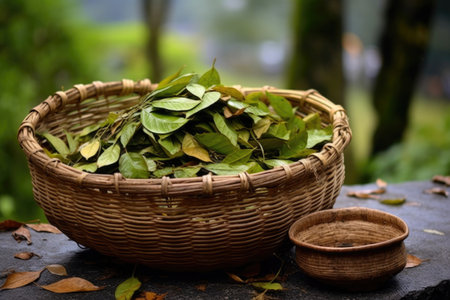 freshly plucked tea leaves in a woven basket outdoors, created with generative aiの素材