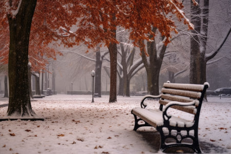 fresh snowfall on a quiet, empty park bench, created with generative aiの素材