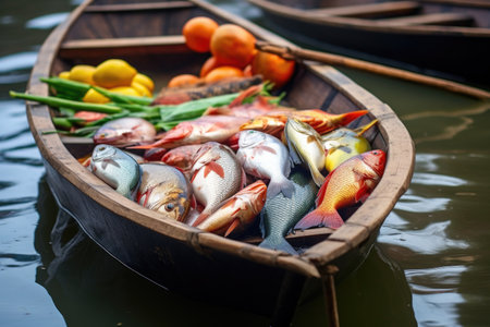 freshly caught fish displayed on boat at floating market, created with generative aiの素材