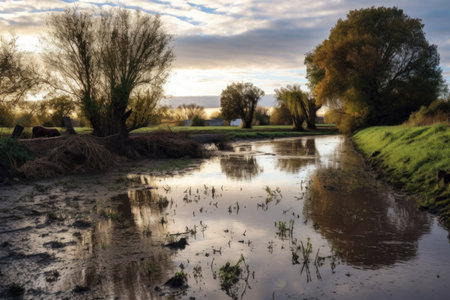 overflowing river banks near submerged fields, created with generative aiの素材