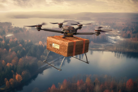 drone carrying a food package mid-air, created with generative aiの素材