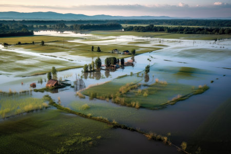 aerial view of submerged crops in a flooded field, created with generative aiの素材