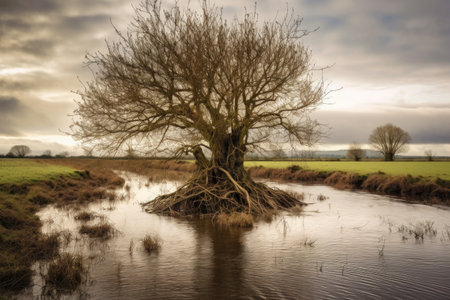 floodwater swirling around an isolated tree in a field, created with generative aiの素材