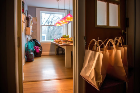 takeout bags next to open door, focus on food, created with generative aiの素材