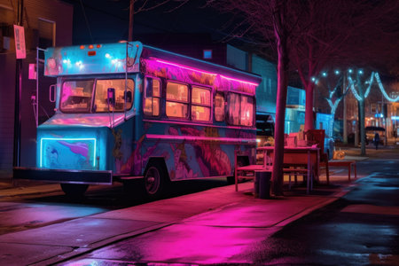 nighttime shot of illuminated food truck with neon signs, created with generative aiの素材