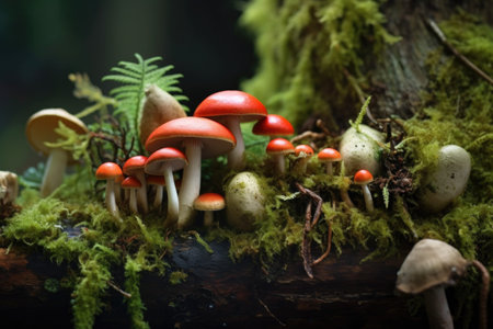 close-up of edible mushrooms on mossy log, created with generative aiの素材