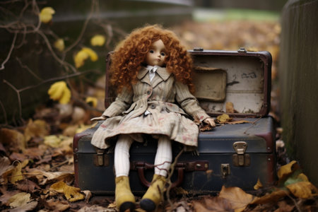 doll abandoned in a suitcase with vintage clothing, created with generative aiの素材