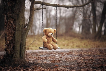 old teddy bear left on a swing, gently swaying in the wind, created with generative aiの素材