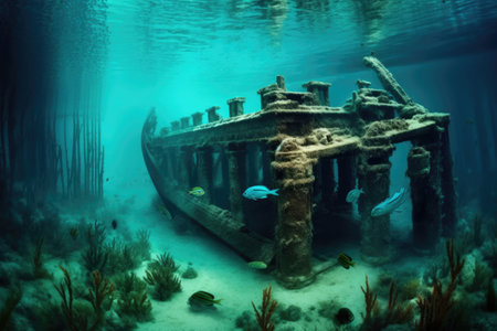 old, submerged shipwreck near underwater city ruins, created with generative aiの素材
