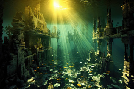eerie underwater city illuminated by sunlight rays, created with generative aiの素材