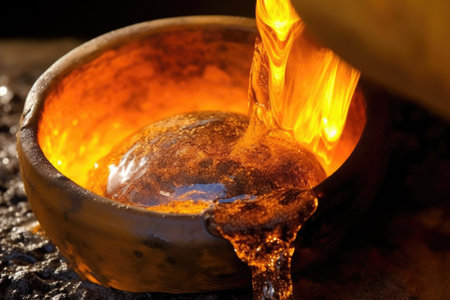close-up of molten metal pouring from a crucible, created with generative aiの素材