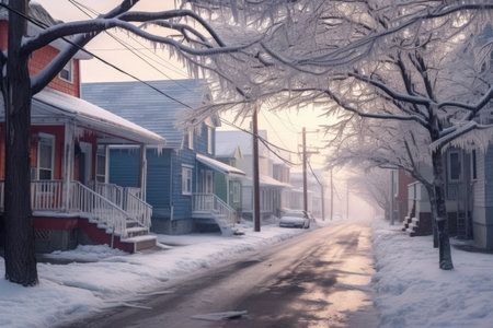 icy branches hanging over a snowy street, created with generative aiの素材