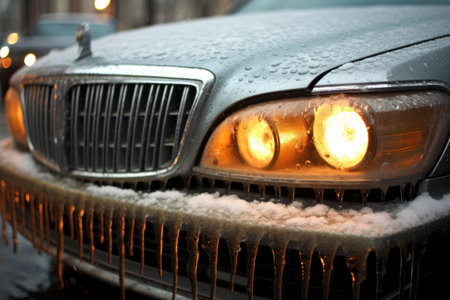 icicles forming on cars front grille and headlights, created with generative aiの素材