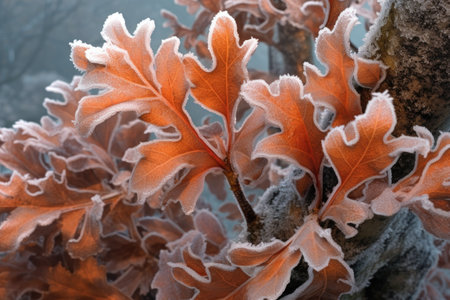oak leaves with frost highlights, created with generative aiの素材