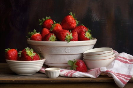 strawberries and cream in a vintage ceramic bowl, created with generative aiの素材