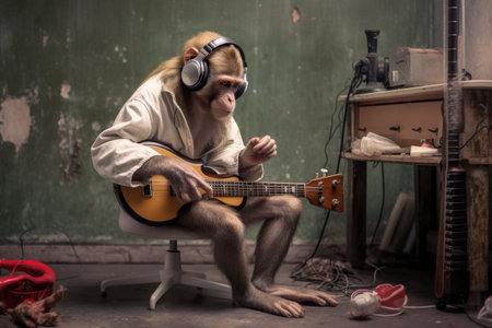 monkey playing guitar while wearing headphones, created with generative aiの素材