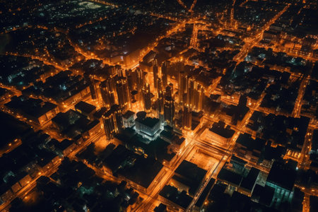 aerial view of a citys electric grid at night, created with generative aiの素材