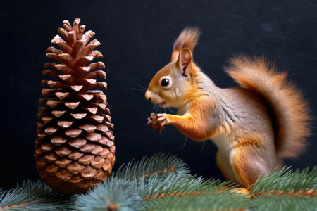 squirrel nibbling on a pine cone in tree, created with generative aiの素材