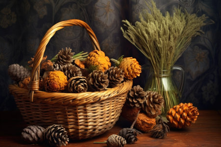 pine cones in a rustic woven basket, created with generative aiの素材