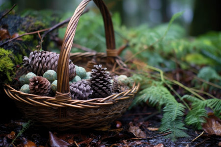 pine cones in a woven basket in woodland, created with generative aiの素材