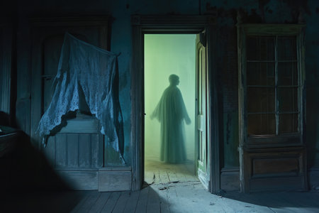 ghostly figure standing in moonlit doorway, created with generative aiの素材