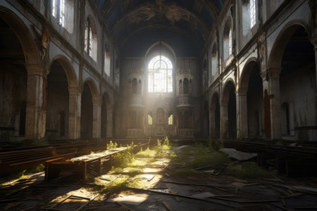 crumbling old church bathed in dusky light, created with generative aiの素材