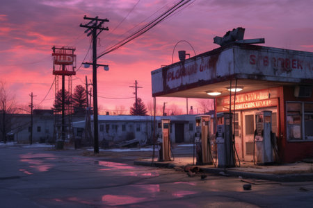 abandoned gas station with vintage signs at dusk, created with generative aiの素材