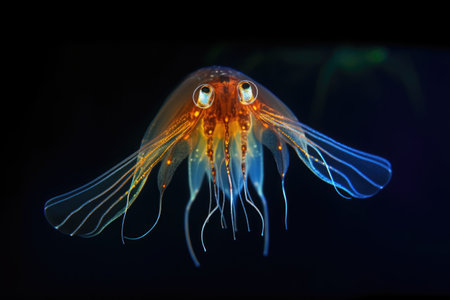 luminescent squid producing light show underwater, created with generative aiの素材