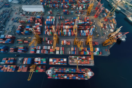 aerial view of a busy cargo ship port, created with generative aiの素材