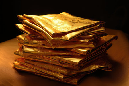 pile of gold foil sheets with a soft glow, created with generative aiの素材