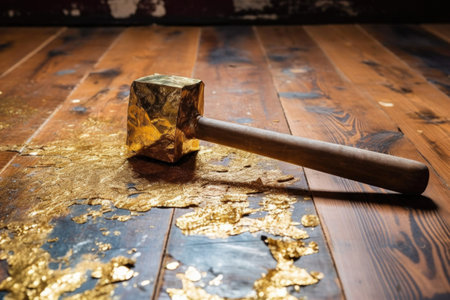 gold foil on a wooden surface with a hammer nearby, created with generative aiの素材