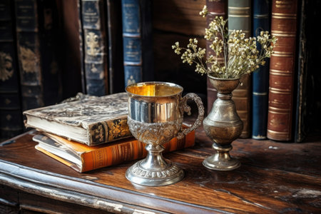antique book and golden cup on a wooden table, created with generative aiの素材