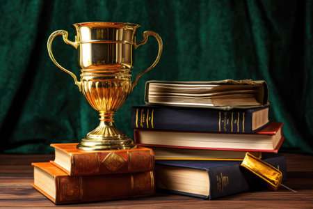 golden cup placed on a stack of books, symbolizing academic success, created with generative aiの素材