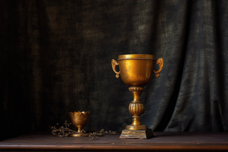 golden cup on pedestal with dramatic lighting, created with generative aiの素材