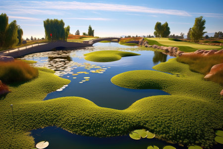 water hazard on a challenging golf course with lily pads, created with generative aiの素材