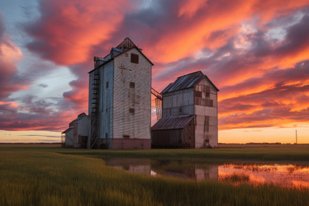 grain elevators at sunset with dramatic sky, created with generative aiの素材