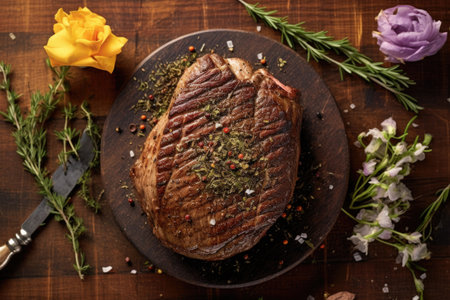 top view of a steak with grill marks and seasoning, created with generative aiの素材