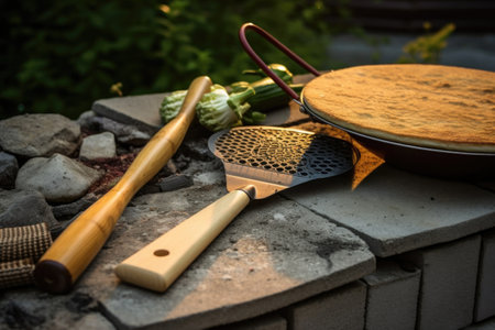 grilling tools and pizza peel near barbecue, created with generative aiの素材