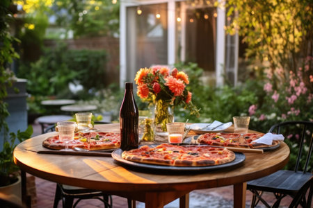 backyard table setting with grilled pizzas and drinks, created with generative aiの素材